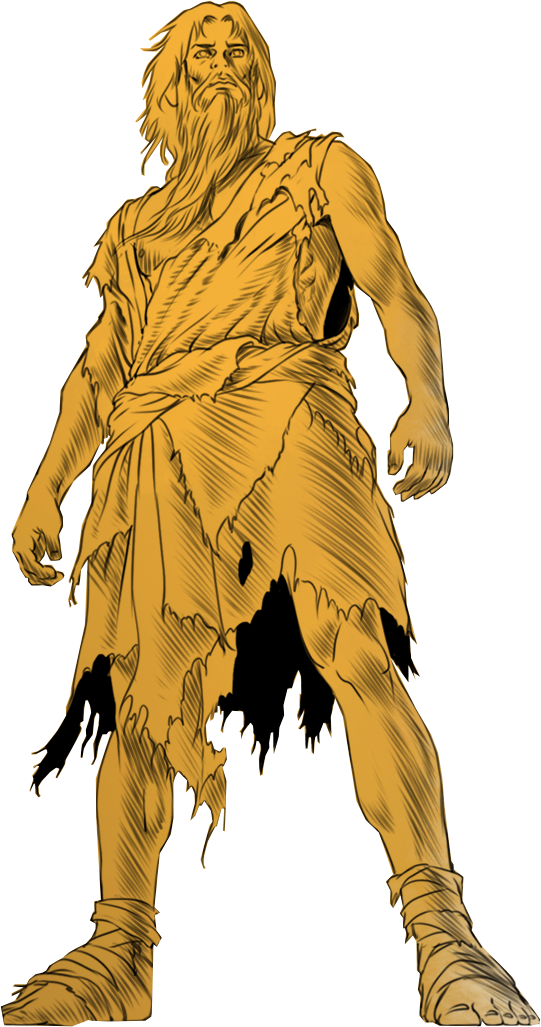 Everett Dwyer, rendered in gold linework against a bare field, ragged cloak and travel-worn boots.