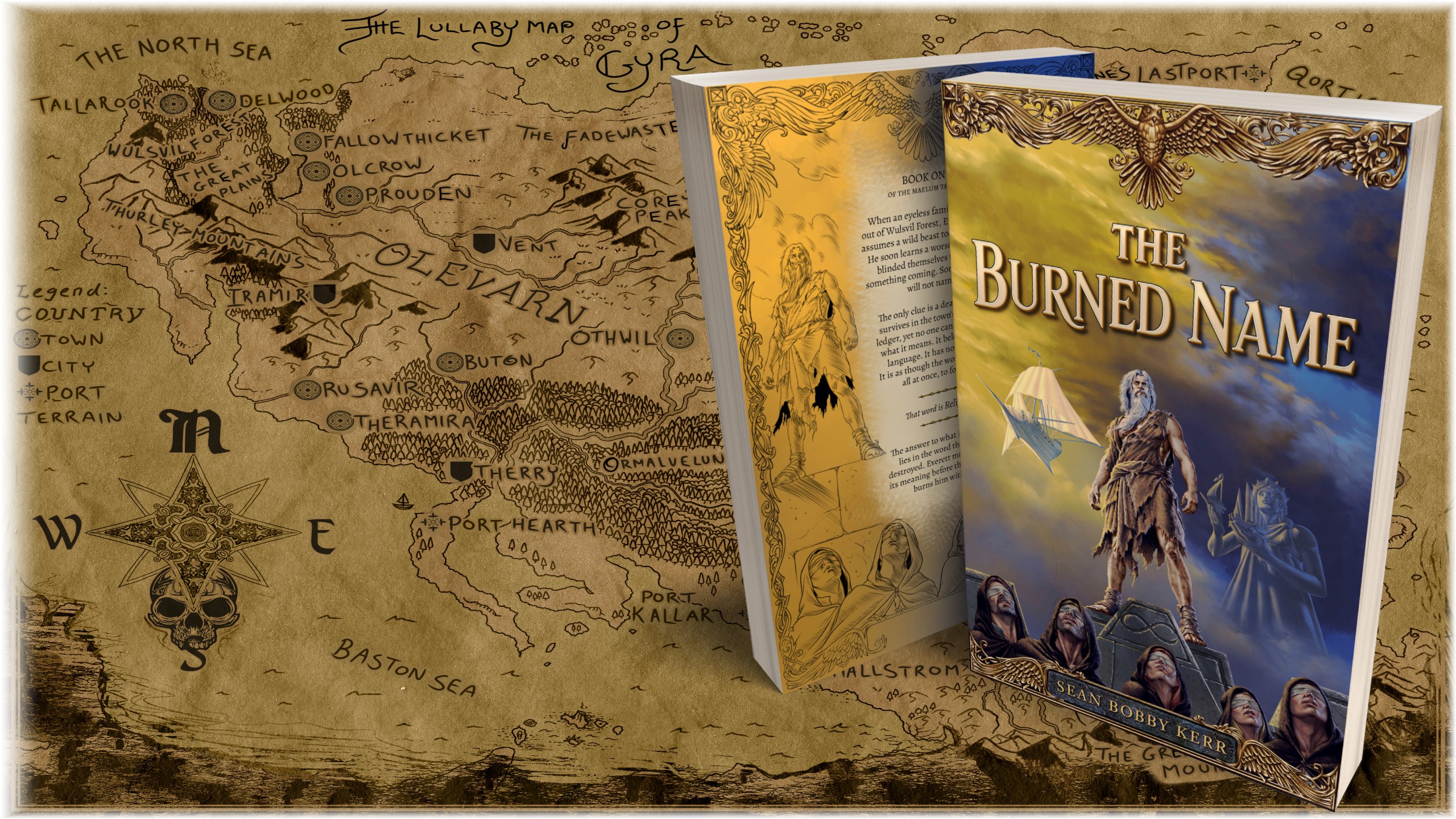 The Burned Name laid open across the Lullaby Map of Gyra, its cover showing Everett beneath a sky split between gold and storm-blue.