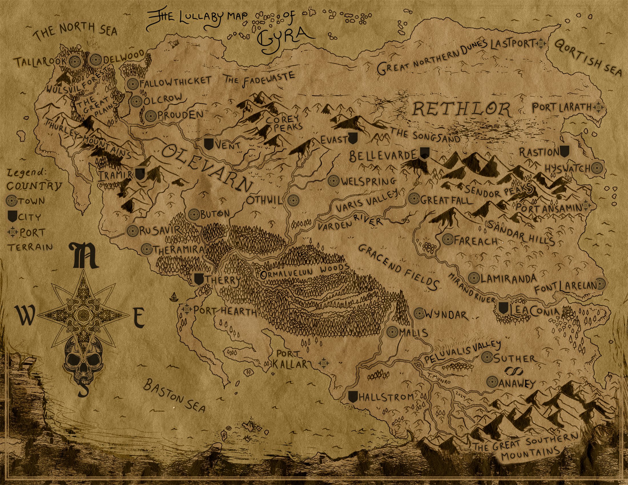 The Lullaby Map of Gyra, an aged parchment map of the continent showing the lands of Olevarn and Rethlor, their towns, rivers and mountain ranges.