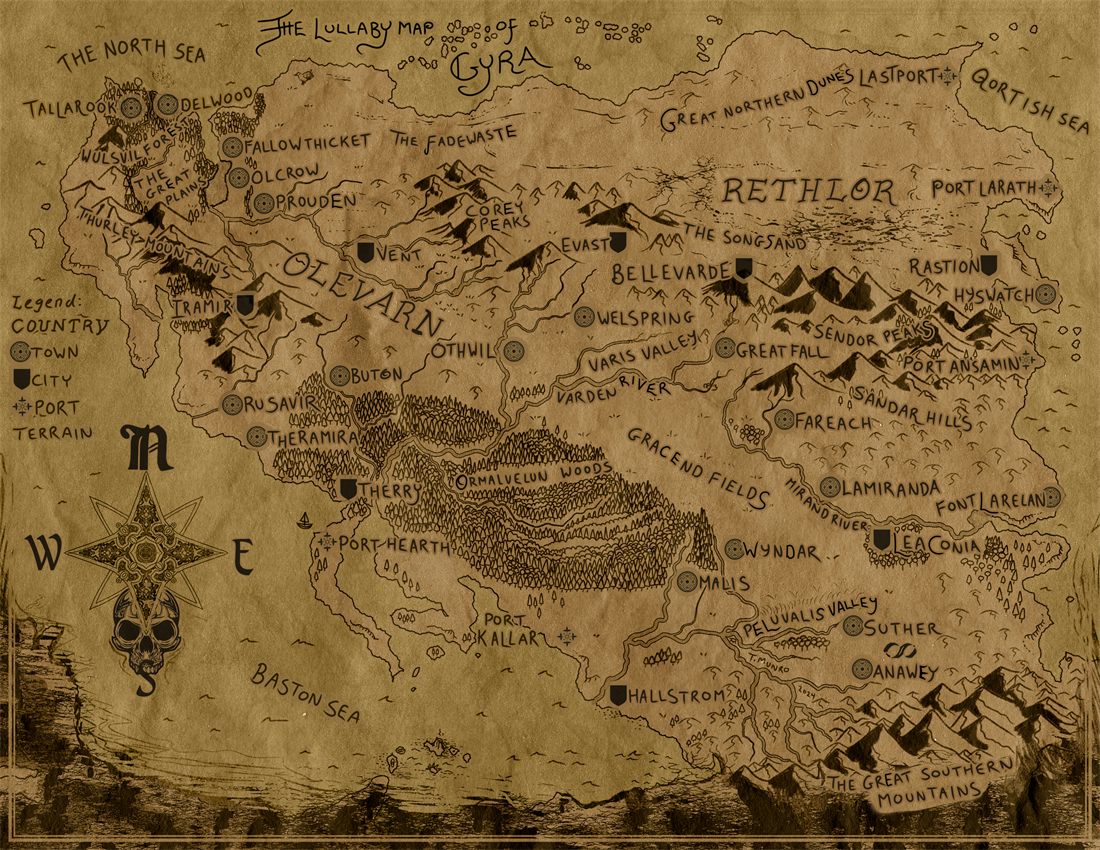 The Lullaby Map of Gyra, an aged parchment map of the continent showing the lands of Olevarn and Rethlor, click to view larger
