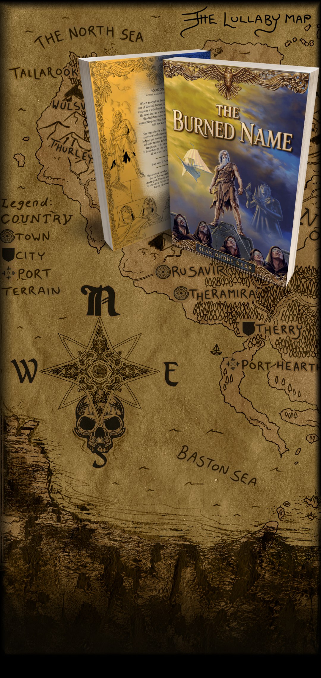 The Burned Name laid open across the Lullaby Map of Gyra, its cover showing Everett beneath a sky split between gold and storm-blue.